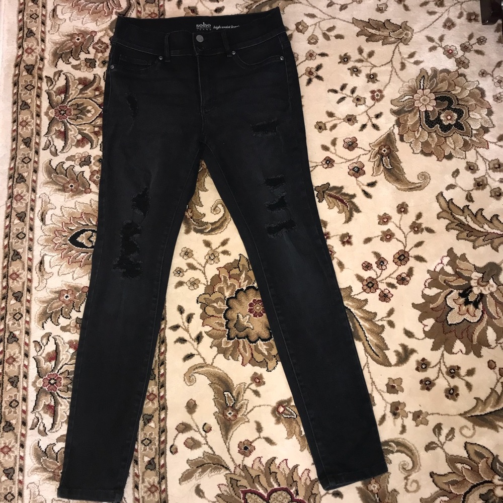 Faded black, high waisted, distressed skinny jeans